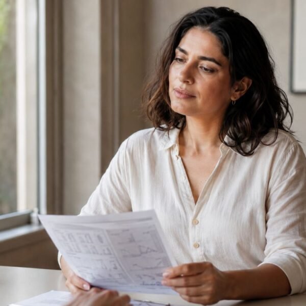 mulher em consulta considerando a terapia hormonal por estar com insuficiência ovariana prematura
