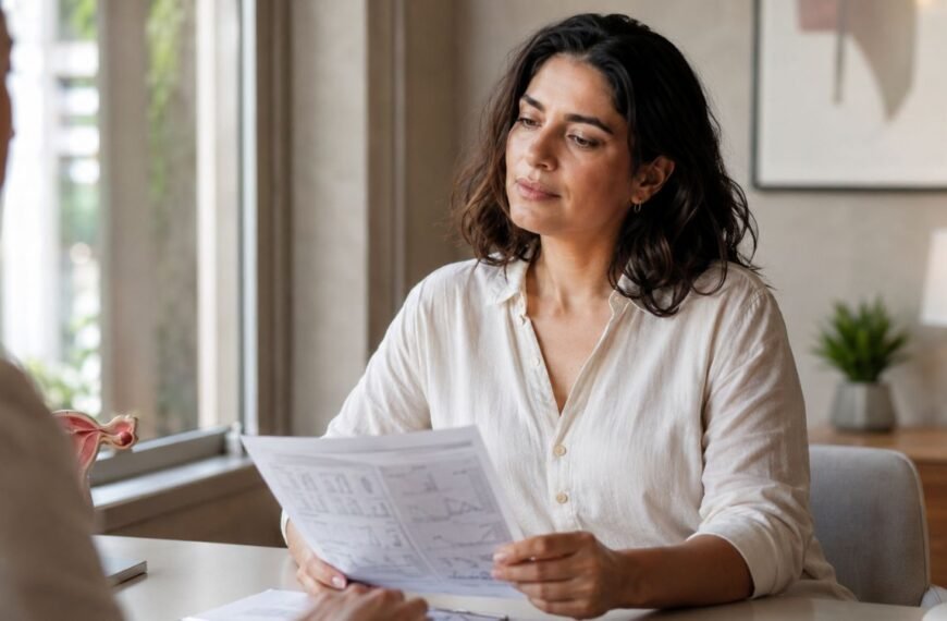 mulher em consulta considerando a terapia hormonal por estar com insuficiência ovariana prematura
