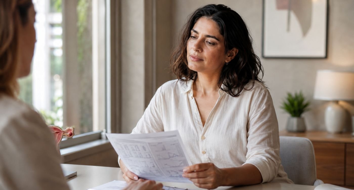 mulher em consulta considerando a terapia hormonal por estar com insuficiência ovariana prematura