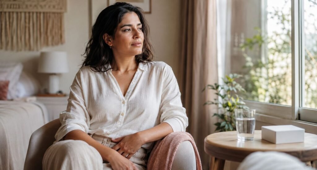 Mulher de 35 anos refletindo sobre seu diagnóstico de insuficiência ovariana prematura e considerando a terapia hormonal