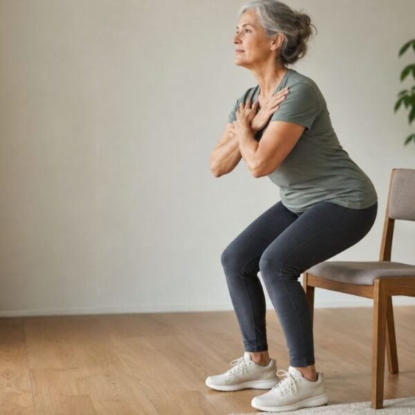 Mulher madura realizando teste de sentar e levantar na menopausa para observar força muscular e capacidade funcional.