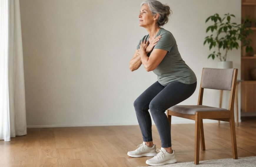 Mulher madura realizando teste de sentar e levantar na menopausa para observar força muscular e capacidade funcional.