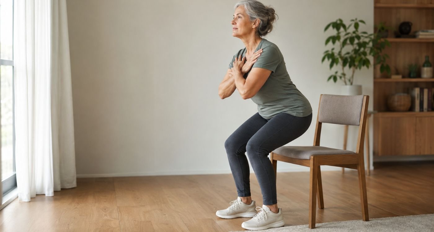 Mulher madura realizando teste de sentar e levantar na menopausa para observar força muscular e capacidade funcional.