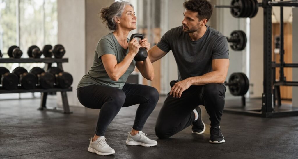 mulher 50+ realizando treinamento de força para melhorar o resultado do teste de sentar e levantar na menopausa