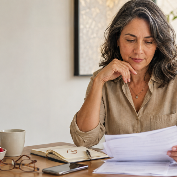 Mulher na perimenopausa analisando exames de saúde, representando triglicerídeos altos na menopausa e cuidado cardiovascular.