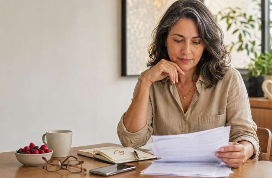 Mulher na perimenopausa analisando exames de saúde, representando triglicerídeos altos na menopausa e cuidado cardiovascular.