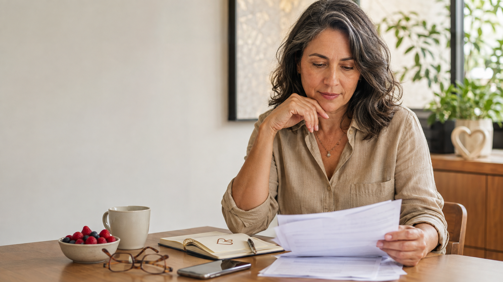 Mulher na perimenopausa analisando exames de saúde, representando triglicerídeos altos na menopausa e cuidado cardiovascular.