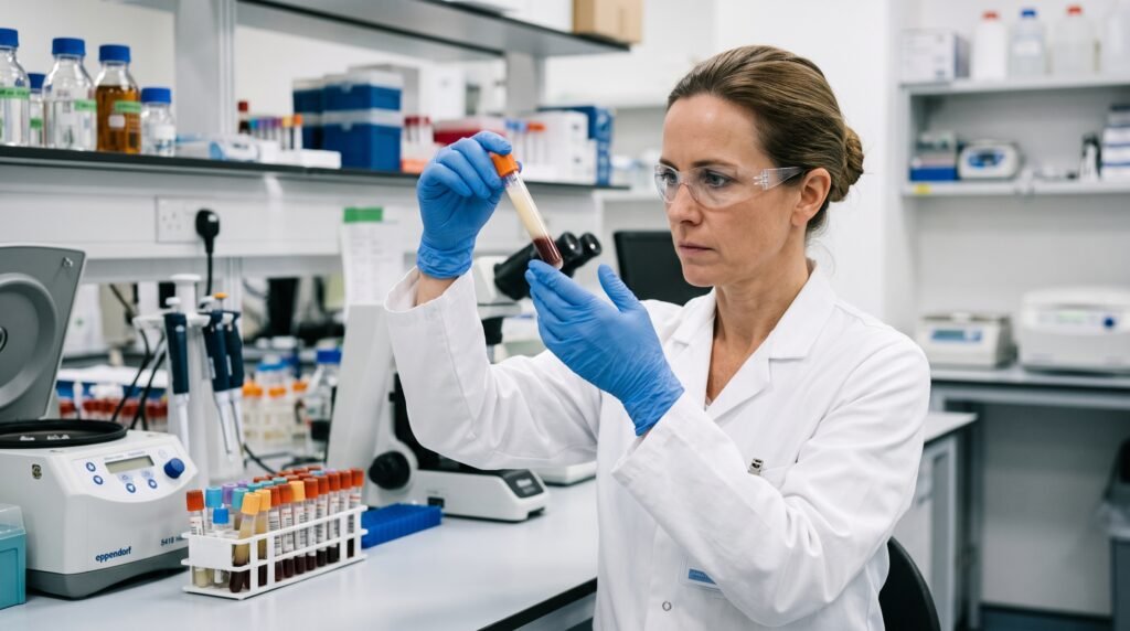 Técnica de laboratório observa tubo de ensaio com sangue lipêmico em laboratório de análises clínicas, representando triglicerídeos altos na menopausa.