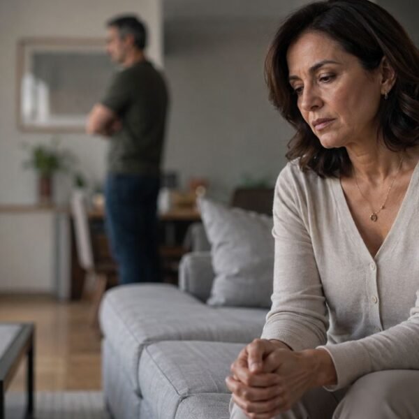 Mulher 40+ refletindo sobre padrões emocionais relacionados à violência emocional.