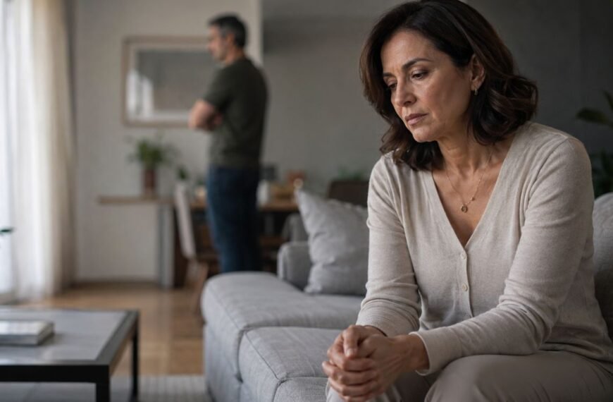 Mulher 40+ refletindo sobre padrões emocionais relacionados à violência emocional.