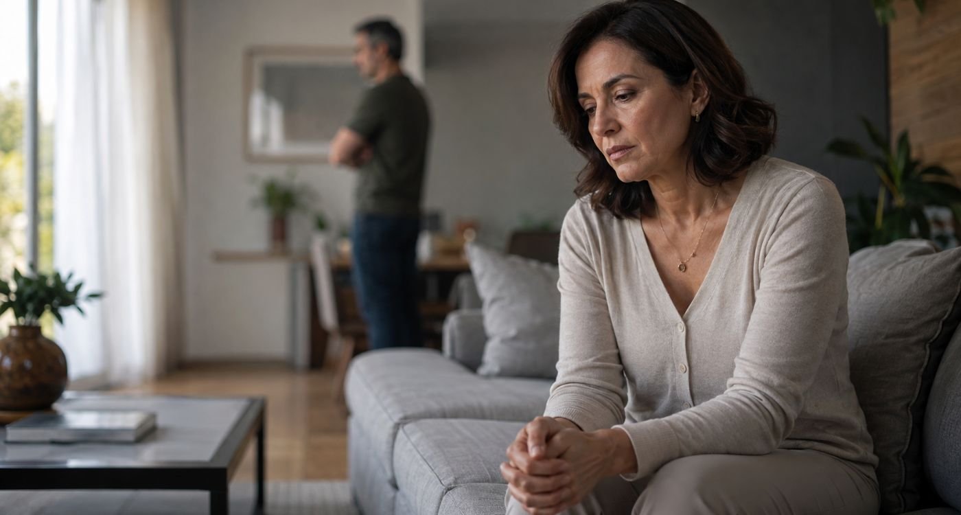 Mulher 40+ refletindo sobre padrões emocionais relacionados à violência emocional.