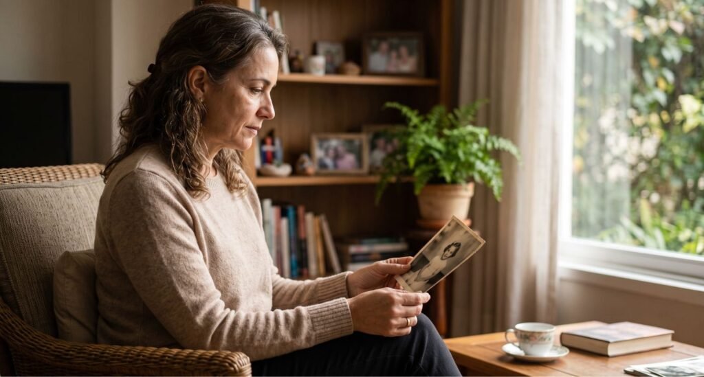 Mulher 40+ refletindo sozinha sobre violência emocional em um relacionamento.