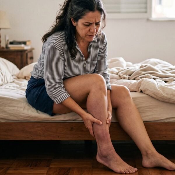 Mulher 40+ segura a perna dolorida, com leve alteração de cor em comparação com a outra, representando trombose venosa profunda e dúvida sobre anticoncepcional e terapia hormonal