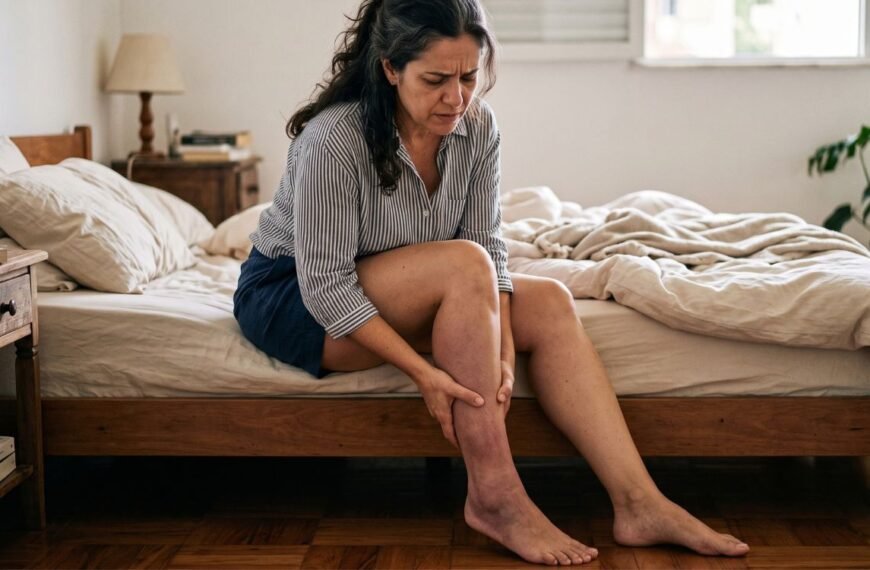 Mulher 40+ segura a perna dolorida, com leve alteração de cor em comparação com a outra, representando trombose venosa profunda e dúvida sobre anticoncepcional e terapia hormonal