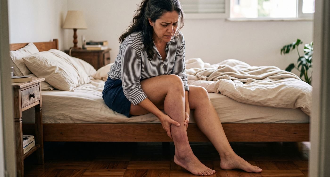 Mulher 40+ segura a perna dolorida, com leve alteração de cor em comparação com a outra, representando trombose venosa profunda e dúvida sobre anticoncepcional e terapia hormonal