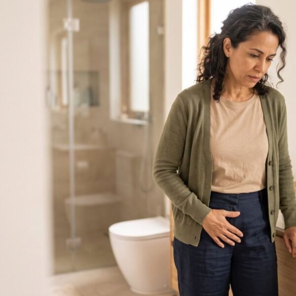 Mulher com ardor urinário na menopausa percebendo desconforto na região pélvica.