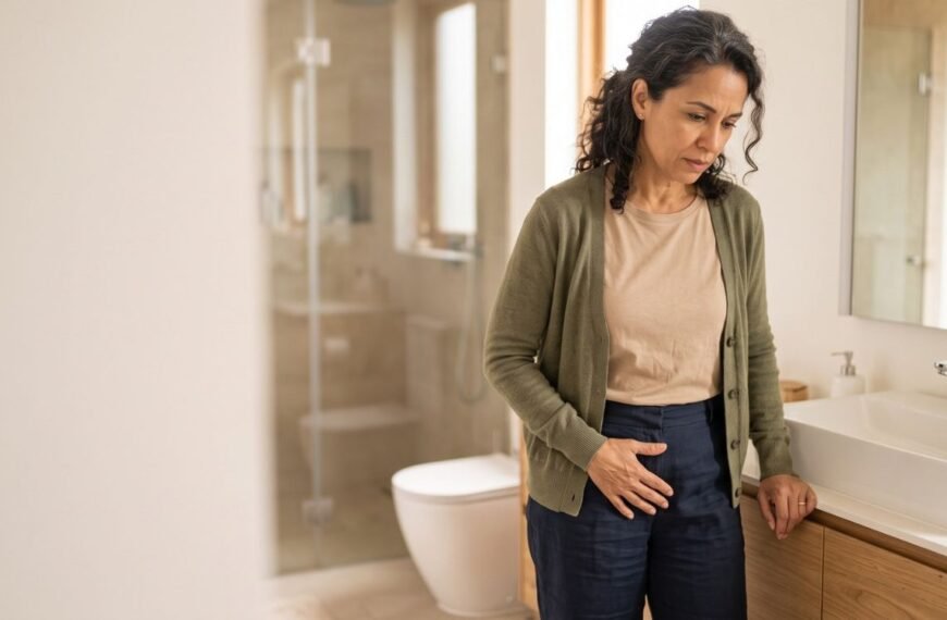 Mulher com ardor urinário na menopausa percebendo desconforto na região pélvica.