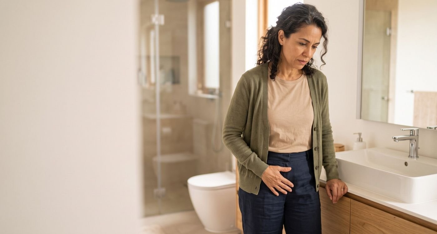 Mulher com ardor urinário na menopausa percebendo desconforto na região pélvica.