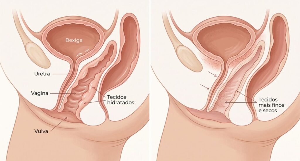 Ilustração do ardor urinário na menopausa mostrando alterações da síndrome geniturinária na vagina, uretra e bexiga.
