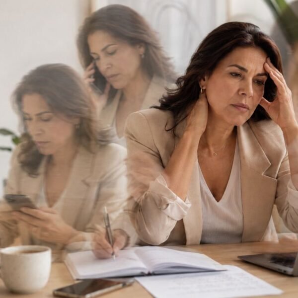 Mulher 40+ refletindo sobre burnout ou perimenopausa diante do cansaço e da sobrecarga no trabalho.