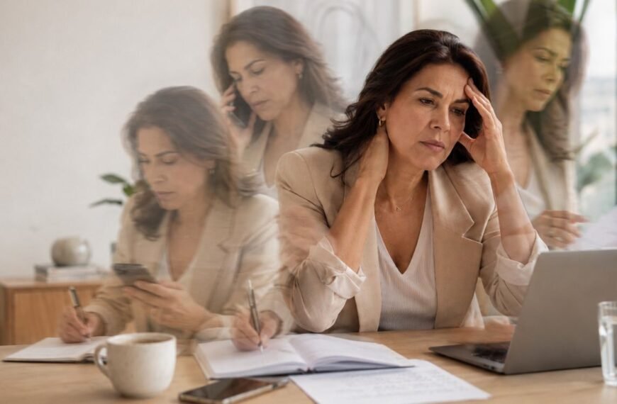 Mulher 40+ refletindo sobre burnout ou perimenopausa diante do cansaço e da sobrecarga no trabalho.