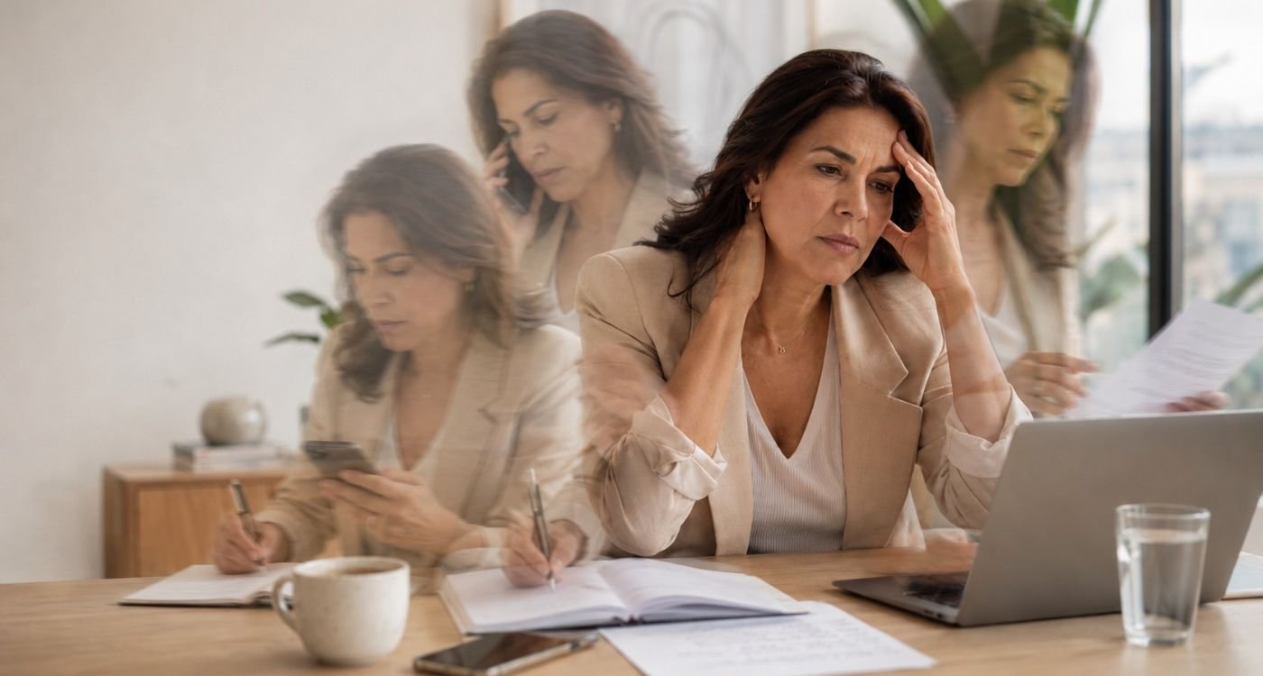 Mulher 40+ refletindo sobre burnout ou perimenopausa diante do cansaço e da sobrecarga no trabalho.