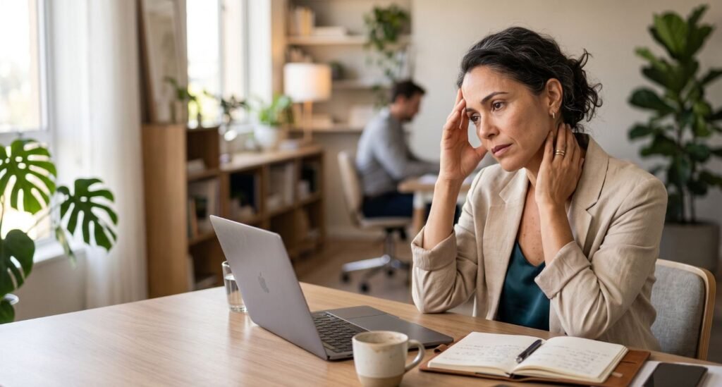 Mulher na perimenopausa em ambiente profissional avaliando sinais de burnout ou perimenopausa.