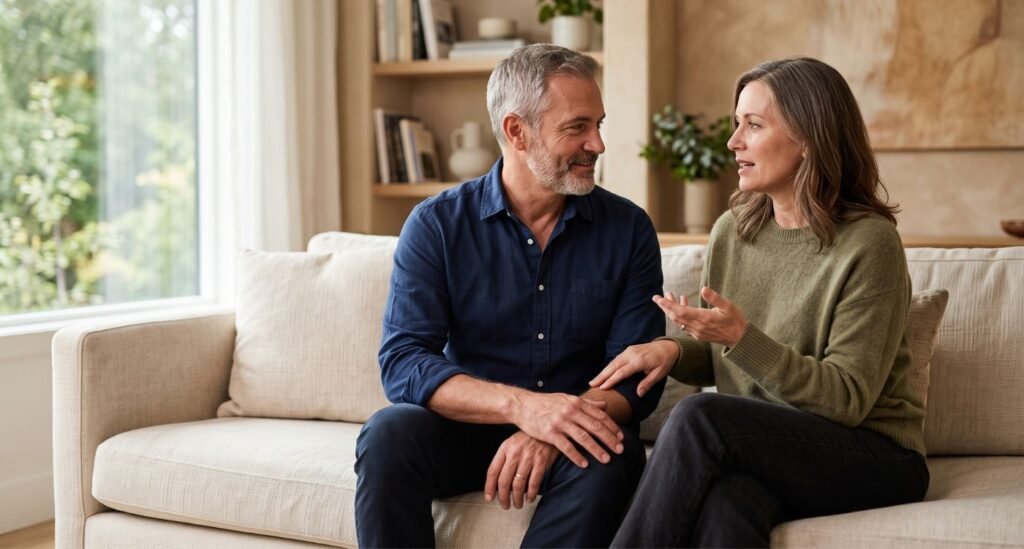 Conversa de casal sobre libido, consentimento e intimidade durante a menopausa.