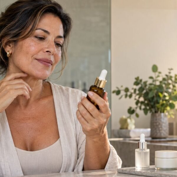 Mulher 50+ escolhendo cosméticos para menopausa com ativos como retinoides, ceramidas, hidratante e protetor solar.