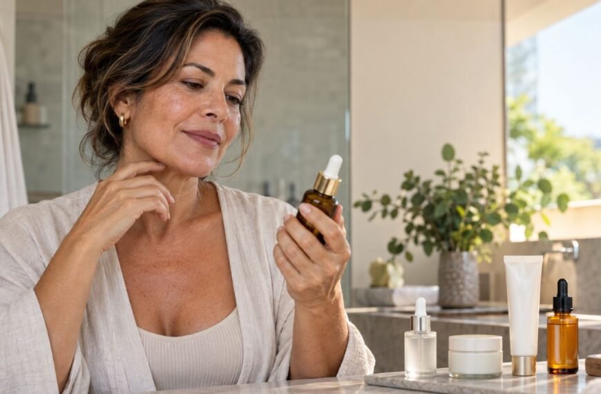 Mulher 50+ escolhendo cosméticos para menopausa com ativos como retinoides, ceramidas, hidratante e protetor solar.