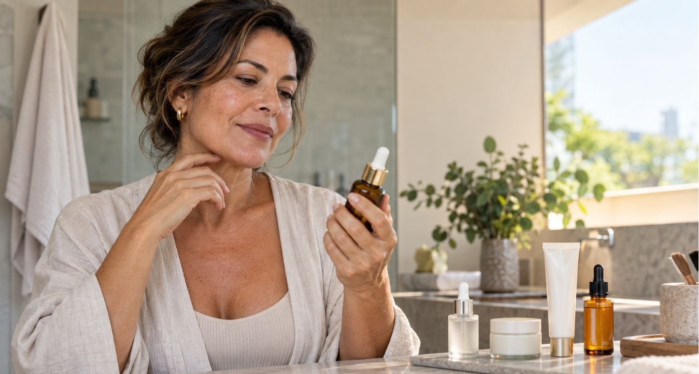Mulher 50+ escolhendo cosméticos para menopausa com ativos como retinoides, ceramidas, hidratante e protetor solar.