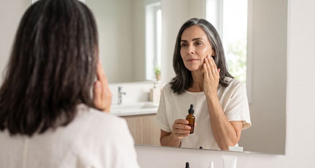 Mulher 50+ passando cosméticos para menopausa com ativos como retinoides, ceramidas, hidratante e protetor solar.