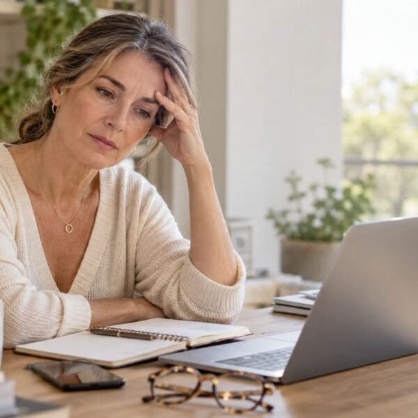 Mulher 40+ fazendo uma pausa durante o trabalho por fadiga mental na menopausa.