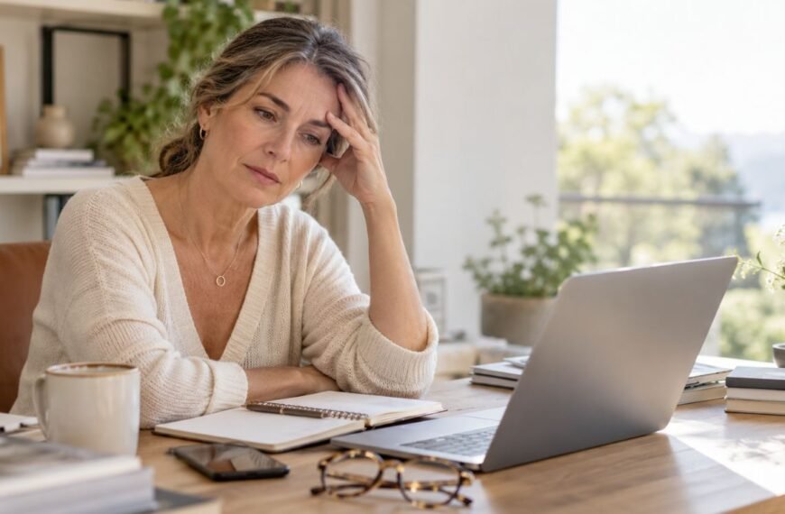 Mulher 40+ fazendo uma pausa durante o trabalho por fadiga mental na menopausa.