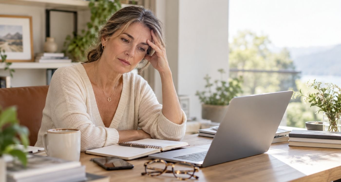 Mulher 40+ fazendo uma pausa durante o trabalho por fadiga mental na menopausa.