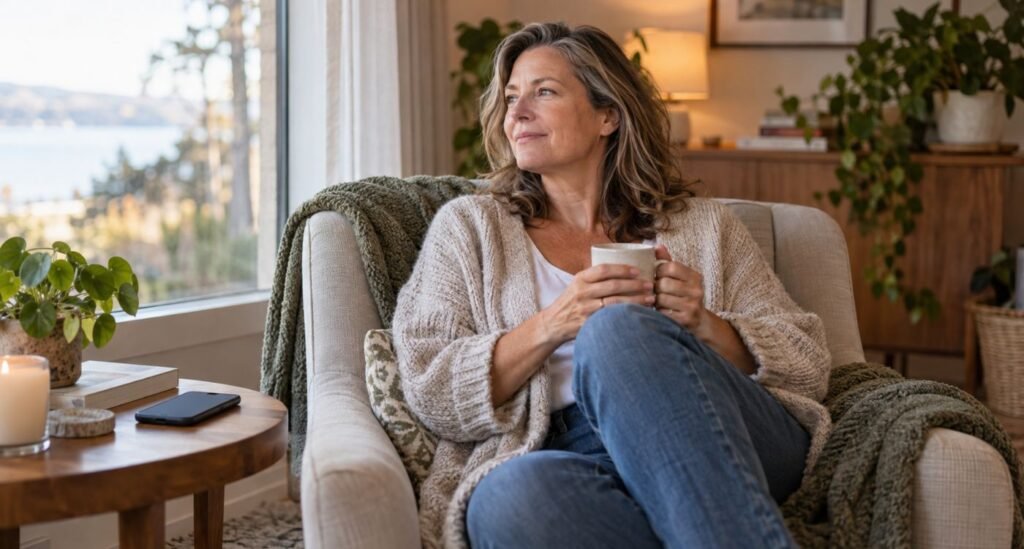 Mulher na perimenopausa descansando em ambiente tranquilo para aliviar a fadiga mental na menopausa.