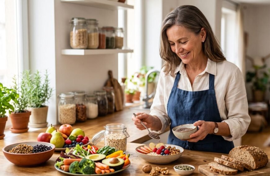Mulher 40+ preparando alimentos ricos em fibras para ilustrar o fibermaxxing na menopausa.