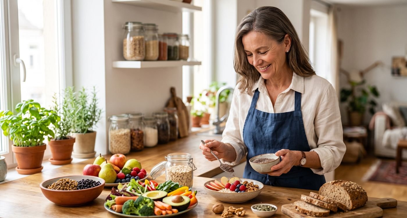 Mulher 40+ preparando alimentos ricos em fibras para ilustrar o fibermaxxing na menopausa.