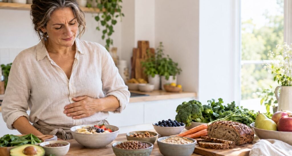 Mulher 40+ preparando alimentos ricos em fibras para ilustrar o fibermaxxing na menopausa e sentindo desconforto abdominal pelo consumo excessivo de fibras