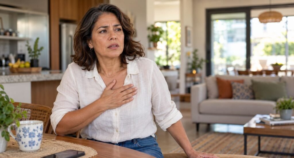 Mulher 50+ percebendo sinais de infarto em mulheres, como desconforto no peito e falta de ar.