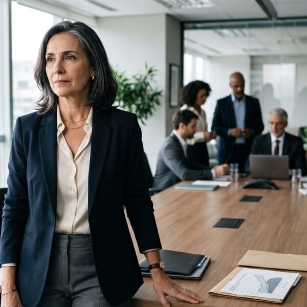 Mulher 40+ em ambiente profissional representando menopausa no trabalho, desigualdade salarial e desafios na carreira.