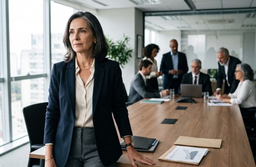 Mulher 40+ em ambiente profissional representando menopausa no trabalho, desigualdade salarial e desafios na carreira.
