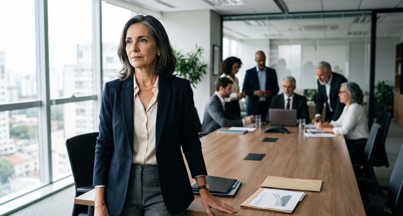 Mulher 40+ em ambiente profissional representando menopausa no trabalho, desigualdade salarial e desafios na carreira.