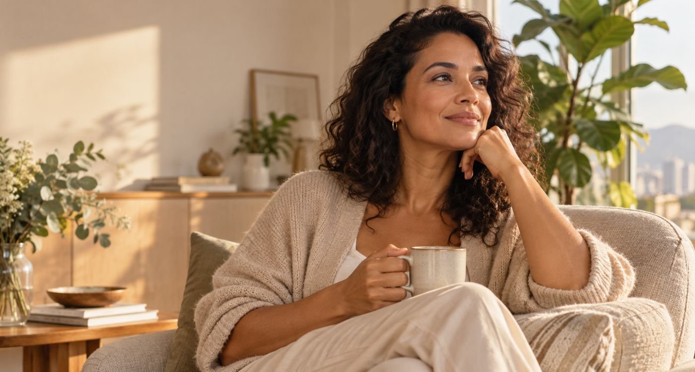 Mulher de 35 anos em momento de autocuidado, representando mudanças hormonais aos 35 e preparação para as próximas fases da saúde feminina.