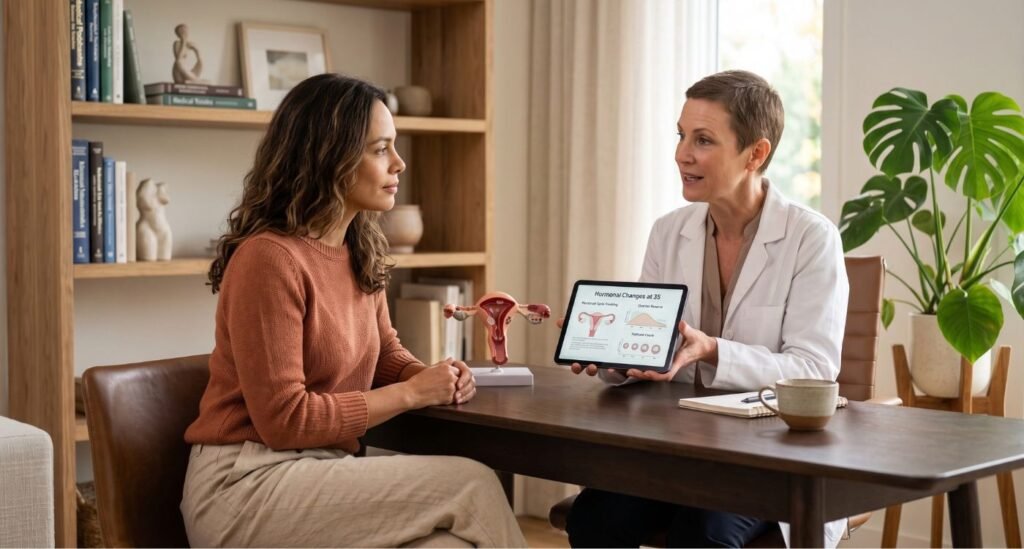 Mulher adulta conversando com profissional de saúde sobre mudanças hormonais aos 35, ciclo menstrual e reserva ovariana.
