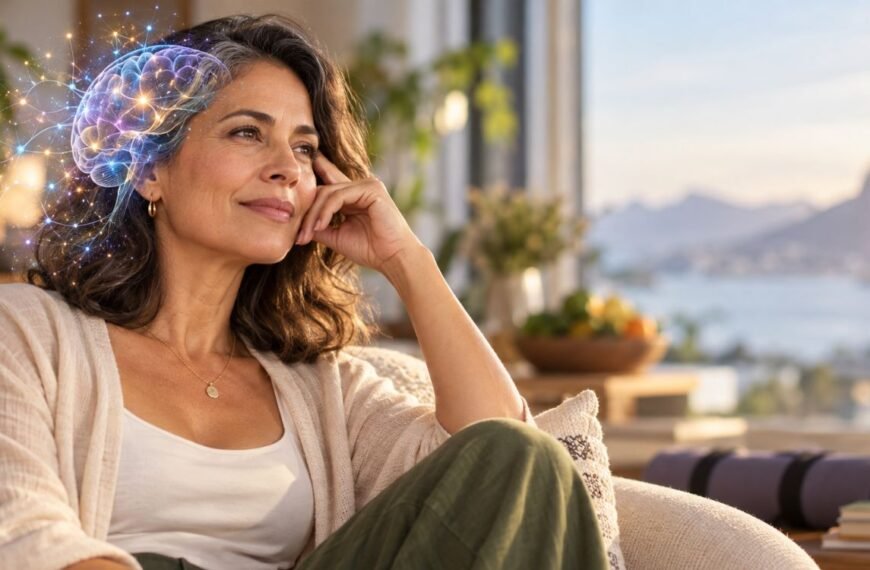 Mulher 50+ representando a neuroinflamação na menopausa e os cuidados com a saúde cerebral.