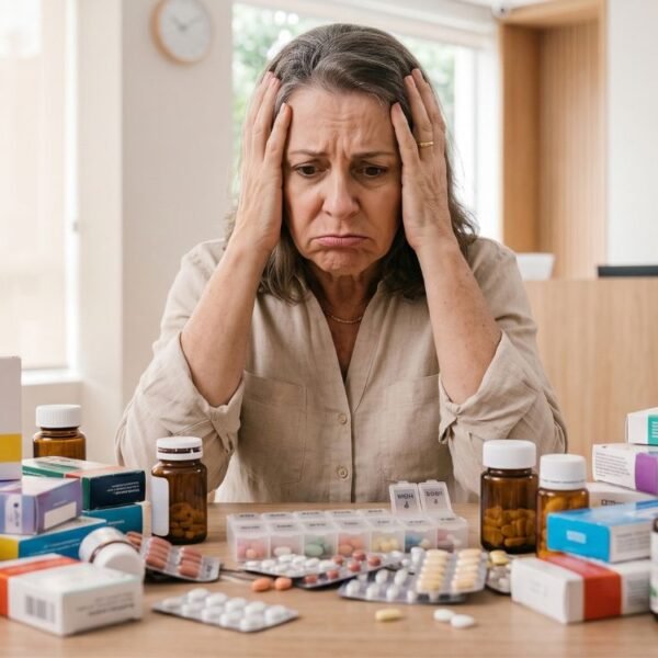 Mulher 50+ revisando uma lista de medicamentos, representando polifarmácia após os 40 e segurança do paciente.