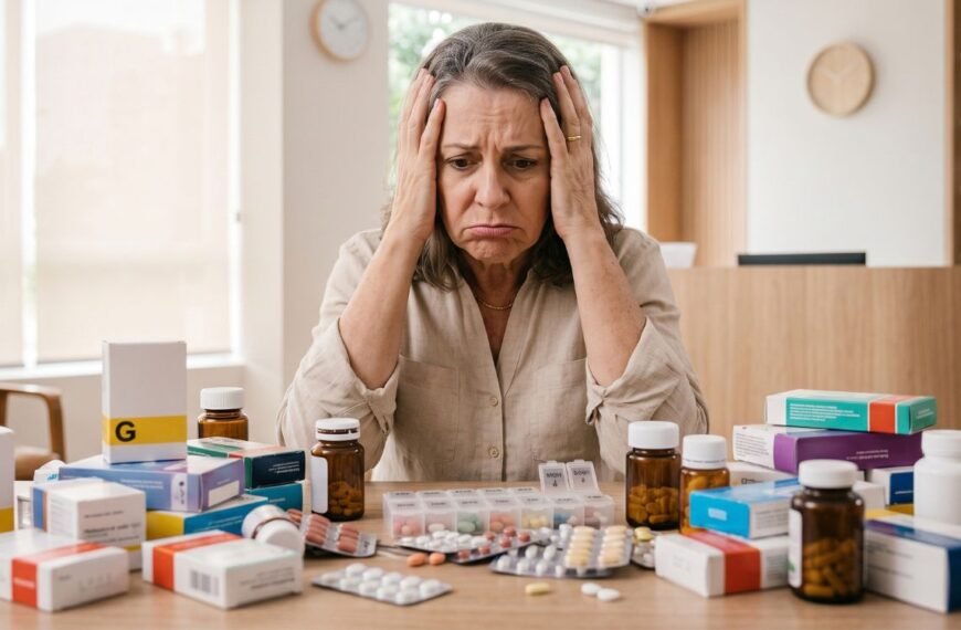 Mulher 50+ revisando uma lista de medicamentos, representando polifarmácia após os 40 e segurança do paciente.