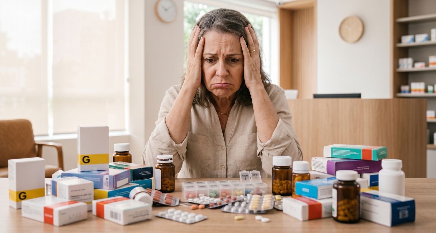 Mulher 50+ revisando uma lista de medicamentos, representando polifarmácia após os 40 e segurança do paciente.