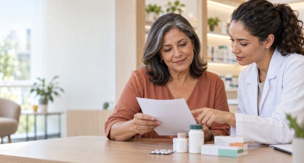 Mulher 60+ mostrando lista de medicamentos e doses ao farmacêutico durante revisão da polifarmácia após os 40.